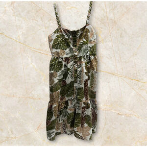 Beach Lunch Lounge Tiered Knee Length Dress Women's XS Linen Blend Palm Sundress